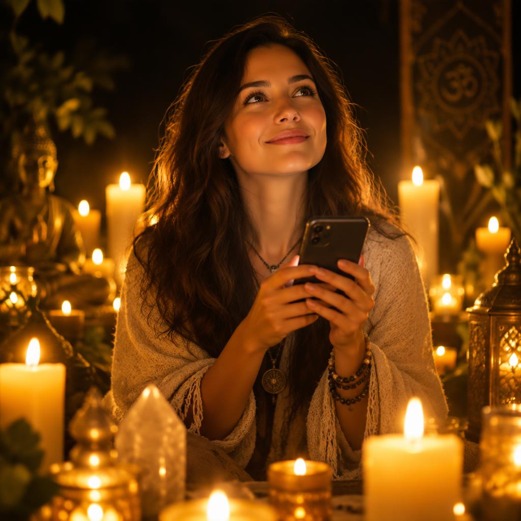 Persona con el móvil y velas